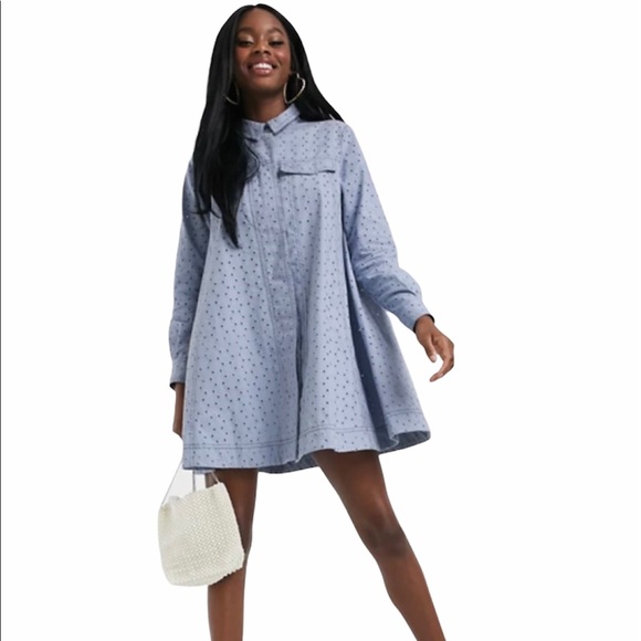 ASOS Blue Broderie Trapeze Mini Dress